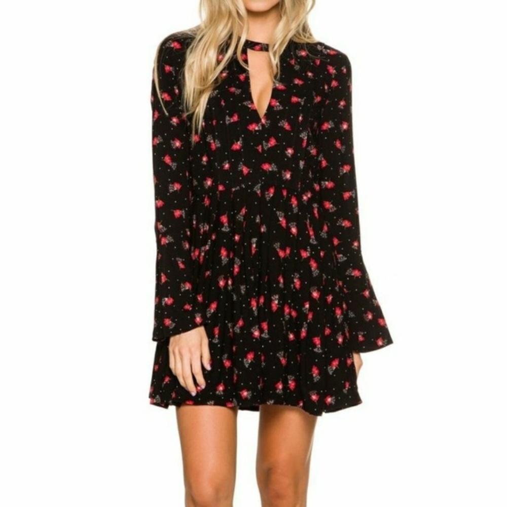 NWT Freepeople Black Cutout Dress w/ Red F…